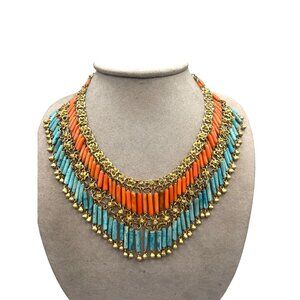 Genuine Egyptian Revival Necklace Gold Gilt Faience And Coral Beads Bib Statemen